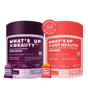 What’s Up Wellness Beauty & Gut Health Combo | Natural Biotin for Strong Hair, Vitamin A, B6, and C for Bright Skin + Prebiotics & Probiotics Supplement for Digestion, Constipation Relief & Immunity