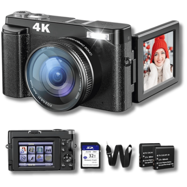 Fulealfly 4K Digital Camera For Photography And Video, 48Mp Vlogging Camera With Sd Card Autofocus Anti-Shake, 3'' 180° Flip Screen Digital Camera With Flash 16X Zoom, Compact Camera For Travel-Gb 128