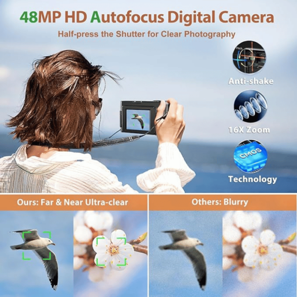 Fulealfly 4K Digital Camera For Photography And Video, 48Mp Vlogging Camera With Sd Card Autofocus Anti-Shake, 3'' 180° Flip Screen Digital Camera With Flash 16X Zoom, Compact Camera For Travel-Gb 128 - Image 2