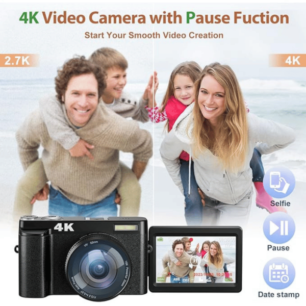 Fulealfly 4K Digital Camera For Photography And Video, 48Mp Vlogging Camera With Sd Card Autofocus Anti-Shake, 3'' 180° Flip Screen Digital Camera With Flash 16X Zoom, Compact Camera For Travel-Gb 128 - Image 3