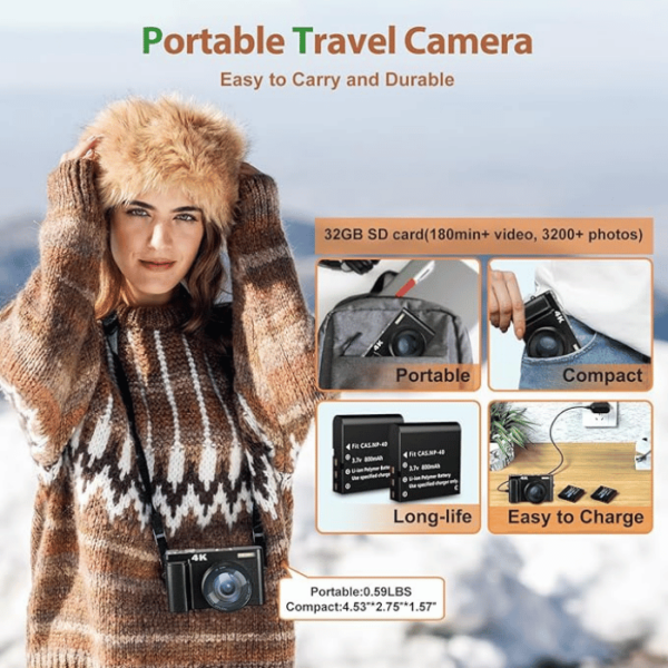 Fulealfly 4K Digital Camera For Photography And Video, 48Mp Vlogging Camera With Sd Card Autofocus Anti-Shake, 3'' 180° Flip Screen Digital Camera With Flash 16X Zoom, Compact Camera For Travel-Gb 128 - Image 5