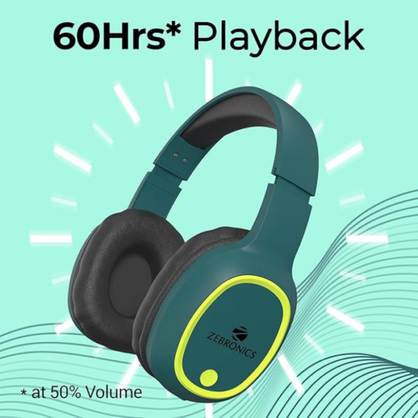 ZEBRONICS Thunder Bluetooth 5.3 Over ear Wireless Headphones with 60H Backup, Gaming Mode, Dual Pairing, ENC, AUX, Micro SD, Voice Assistant, Comfortable Earcups, Call Function(Teal Green) - Image 3