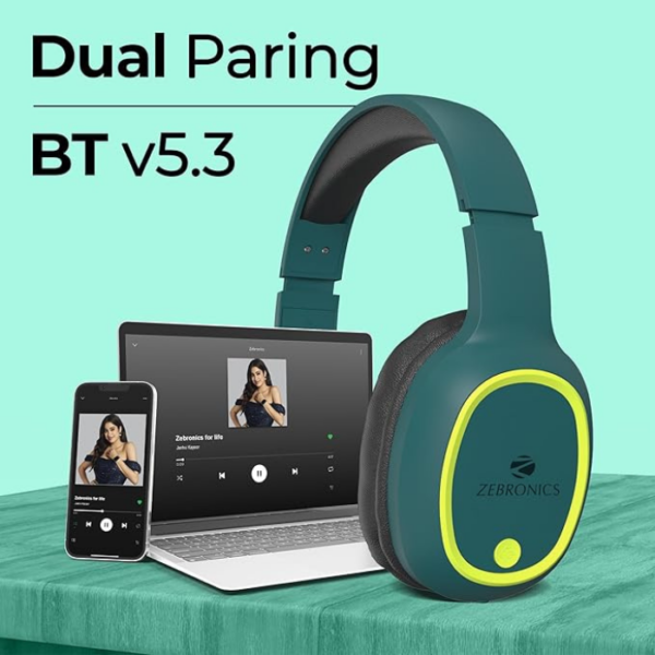 ZEBRONICS Thunder Bluetooth 5.3 Over ear Wireless Headphones with 60H Backup, Gaming Mode, Dual Pairing, ENC, AUX, Micro SD, Voice Assistant, Comfortable Earcups, Call Function(Teal Green) - Image 6