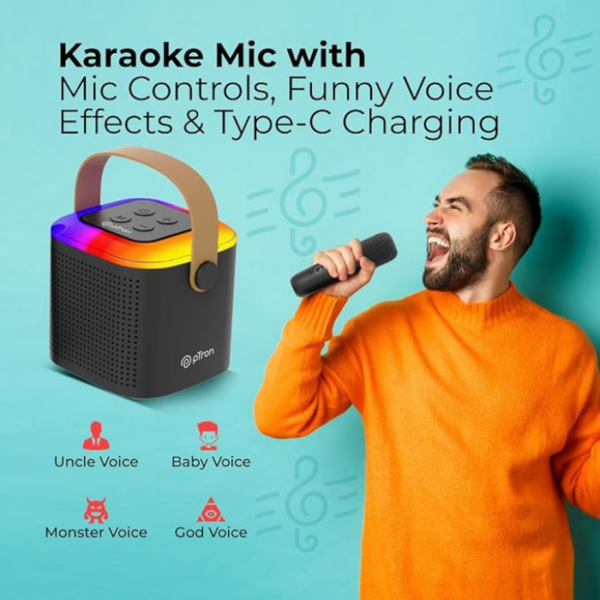 pTron Newly Launched Fusion Tunes 10W Mini Bluetooth Speaker with Wireless Karaoke Mic, 8Hrs Playtime, Vivid RGB Lights, Voice Effects, Multi-Play Modes BT5.1/TF Card & Type-C Charging Port (Black) - Image 4