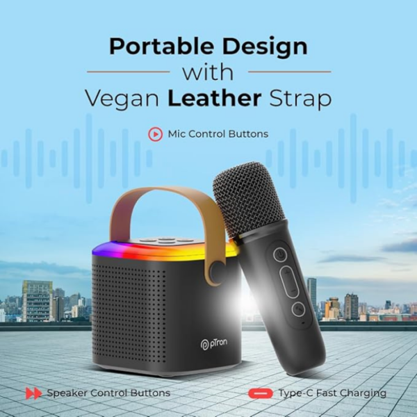 pTron Newly Launched Fusion Tunes 10W Mini Bluetooth Speaker with Wireless Karaoke Mic, 8Hrs Playtime, Vivid RGB Lights, Voice Effects, Multi-Play Modes BT5.1/TF Card & Type-C Charging Port (Black) - Image 5