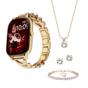 Vibez Allure Luxury Smart Watch for Women & Gift Box- Stainless Metal Straps,1.83" Display, BT Calling Smartwatch & Jewellery Set for Women, Gifts for Women (Earrings, Necklace, Bracelet, Ring)