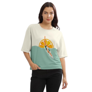 HELLCAT Beige Printed Loose Fit Crew-Neck Crop T-Shirt for Women