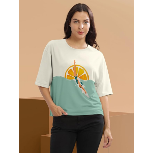 HELLCAT Beige Printed Loose Fit Crew-Neck Crop T-Shirt for Women - Image 2