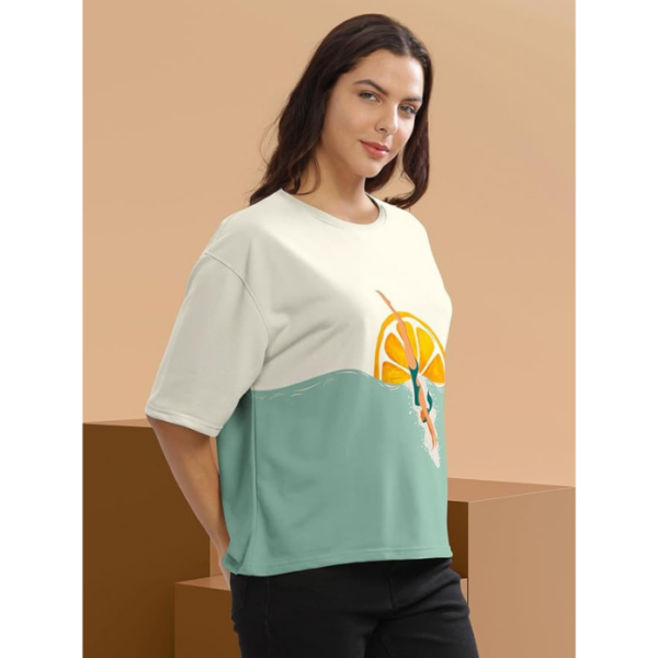 HELLCAT Beige Printed Loose Fit Crew-Neck Crop T-Shirt for Women - Image 3