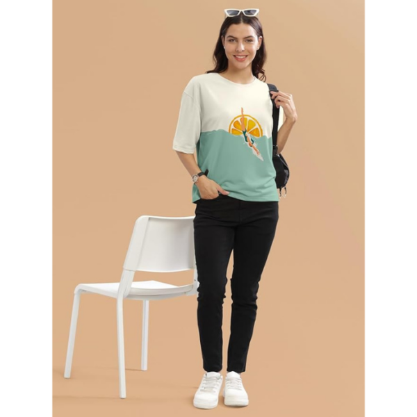 HELLCAT Beige Printed Loose Fit Crew-Neck Crop T-Shirt for Women - Image 5