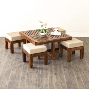 Home Centre Helios Jolly Brown Sheesham Wood Coffee Table with 4 Stools