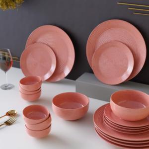 The Earth Store Spiral Pink Marble Ceramic Dinner Set of 20 Pieces Serving for 6, Microwave and Dishwasher Safe Plates & Bowls for Dining, Bone-Ash Free Crockery Set for Dining and Gifting