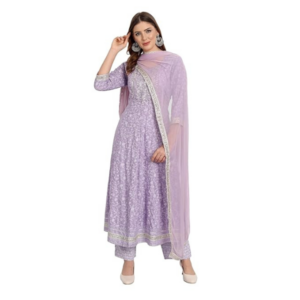 NASRO Women Rayon Anarkali Embroidered Printed Kurta Pant And Dupatta Set