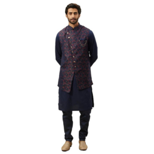 Manyavar Men's Brocade Floral Angrakha Style Kurta Jacket Set (3pcs)