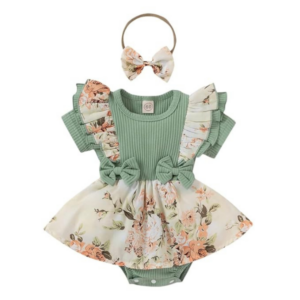 Hopscotch Girls Cotton and Polyester Floral Print Ruffled Bodysuit With Headband in Green Color
