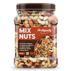 PrettyNutty Healthy Nutmix 500g, Dried Almonds, Black Raisins, Cashewnuts, Cranberries, Black Dates & Many More