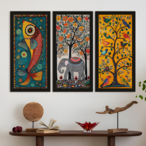 PAPER PLANE DESIGN Madhubani paintings for living room. Set of 3 canvas wrapped framed madhubani art for wall decor. 12 x 24 inch x 3 frames