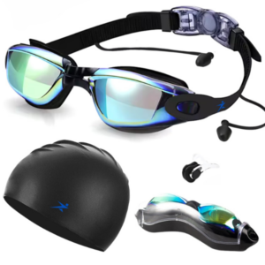 ZOLLN Black Swimming Goggles and smooth Swimming Cap Anti-Fog UV Protection Swimming Goggles for Men Swimming Goggles for Women with Adjustable Strap|Push-Button Strap with Ear Plugs & Nose Clip