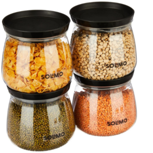 Solimo Plastic Storage Jar and Container Set I Air Tight & BPA Free Containers for Kitchen Storage Set I Grocery Kitchen Container Set I Multipurpose Jar,800 Ml Each, Set 4, Black