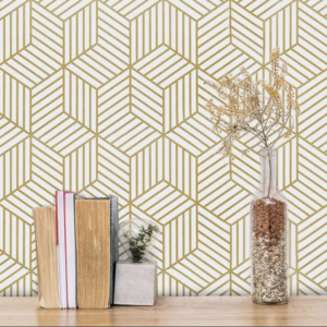 FOKRIM Gold and White Geometric Wallpaper for Walls (45x300) Sticker Wallpaper Peel and Stick Hexagon Removable Self Adhesive Waterproof Wallpaper