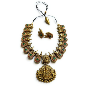 Terracotta Jewellery Women Choker Lakshmi Pendant Peacock Bead Gold With Maroon Green And Silver Colour