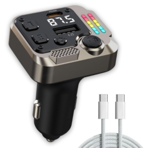 CRUST CS60 Car Bluetooth Receiver Device for Music System, FM Transmitter, Big Mic for Hands-Free Calling, 45W PD/USB Fast Car Charger, BT v5.3, Music-Sync Lights, USB MP3 Playback, Metal Rim Design