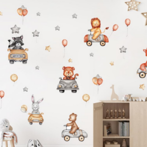 Pumkins Road Trip Adventure Animals Driving Cars Balloons Stars Wall Stickers for Kids Room Bedroom Living Room Door Wall Decoration Baby Boy Girl Room Nursery Playroom Decor