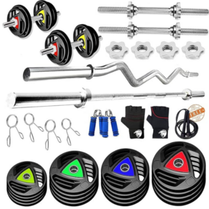 BULLAR Professional Adjustable Rubber Coated 10kg to 100kg Home Gym Set with 5 ft Straight, 3 ft EZ Curl Rod, Metal Rubber Weight Plates (28mm Hole) (50KG HOME GYM SET), Multicolor