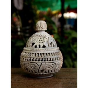 HANDI STONE Carved Filigree Stone Handicraft Soapstone Tea Light Candle Holder Handi Shape Handmade Jaali Decorative Home and Office Decor | White | 4 Inch
