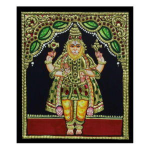 Tarang Arts Narasimha Avatharam Tanjore Paintings with Wooden Frame, 2D Emboss Design, 22-Carat Gold Foil & Jaipur Stones Handwork for Home/Puja/Wall Decor/Gifts (14x12 Inches)