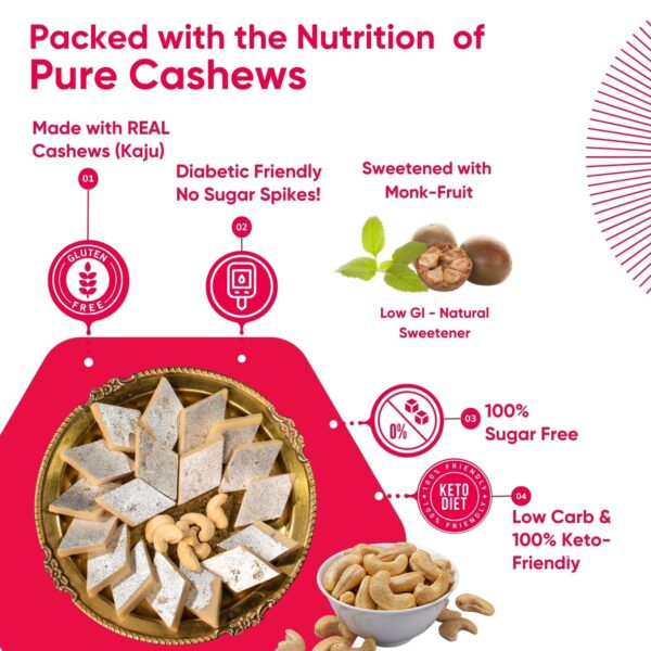 Artinci Sugar Free Kaju Katli | Low carb | Keto Friendly | Pure, Tasty & Healthy Indian Sweets | Vegan| Made with pure Cashew Nuts | Ideal for Special Occasion & Festivals | Sugarfree Mithai | (200g) - Image 3