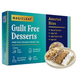 Magic Leaf Sugar Free Dessert Combo - 250 gm, Kaju Katli, Coffee Walnut Fudge, Almond Mewa Bite & Anjeer Roll, 100% Natural & Fresh Indian Sweets, Sugarfree Mithai Gift Box, Sweetened with Stevia