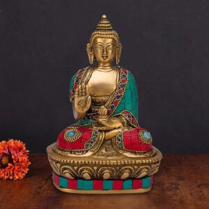 ARTVARKO Buddha Statue Blessing Brass with Multicolor Stone Handwork Home Décor Gift Height 7 Inch