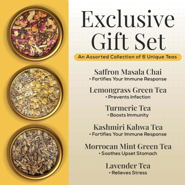 The Tea Heaven | Tea Gift - 6 Assorted Teas Gift Box, Set Of 6 Unique Teas | Kashmiri Kahwa | Saffron Masala Chai | Lemongrass Green Tea | Mint Green Tea | Turmeric Herbal, Loose Leaves, 516 Gm - Image 3